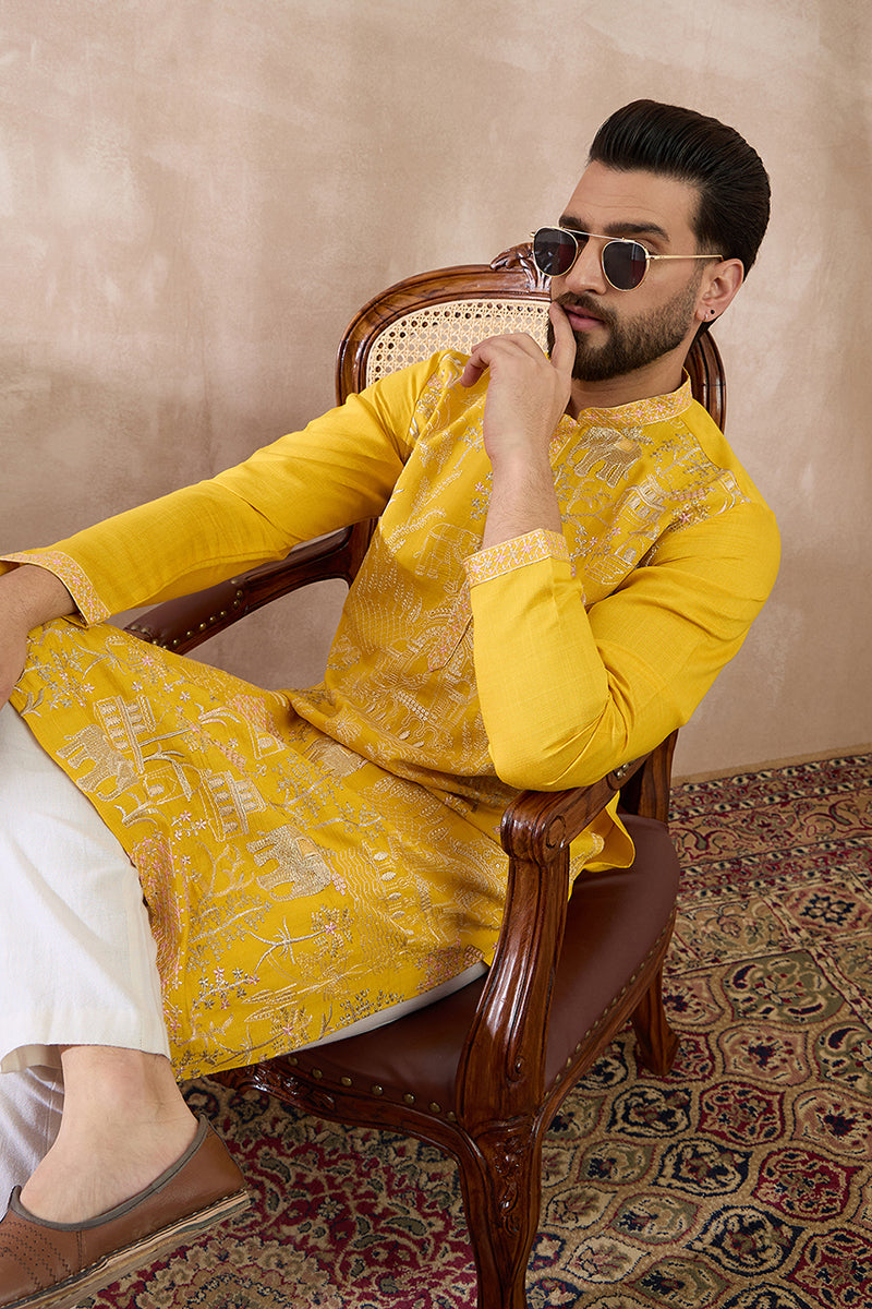 Yellow Silk Blend Embroidered Mandarin Collar Straight Kurta With Trouser MKSET2053