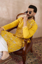Yellow Silk Blend Embroidered Mandarin Collar Straight Kurta With Trouser MKSET2053