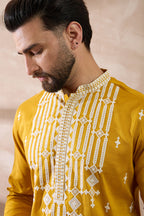 Yellow Silk Blend Embroidered Mandarin Collar Straight Kurta With Trouser MKSET1786