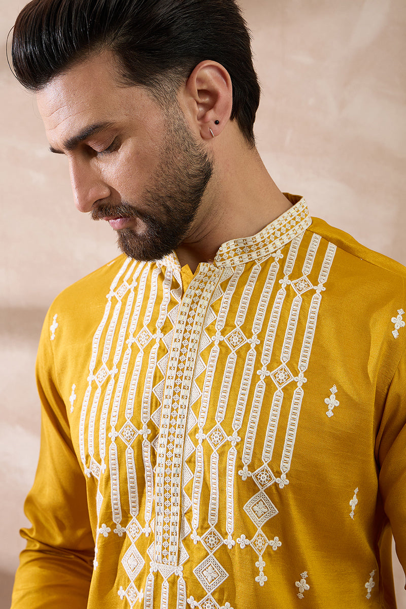 Yellow Silk Blend Embroidered Mandarin Collar Straight Kurta With Trouser MKSET1786