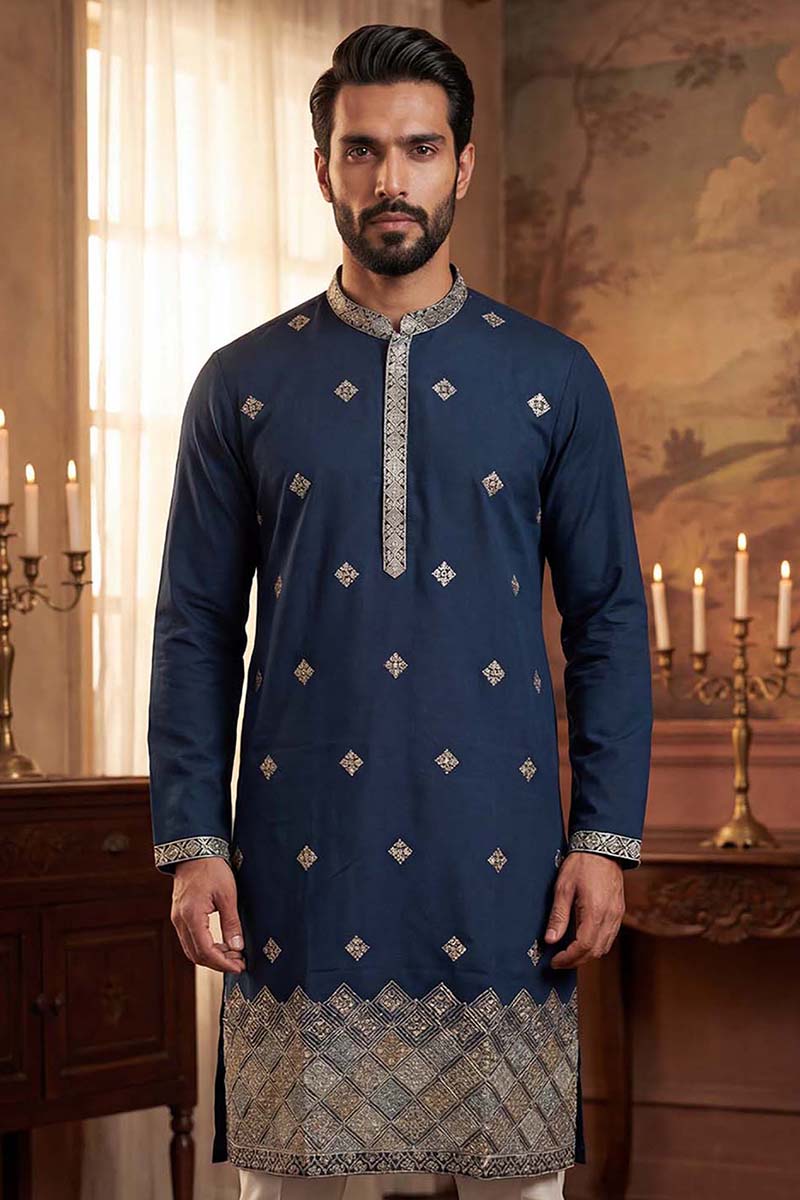 Silk Blend Blue Solid Embroidered Calf Length Straight Kurta With Trousers MKSET2099