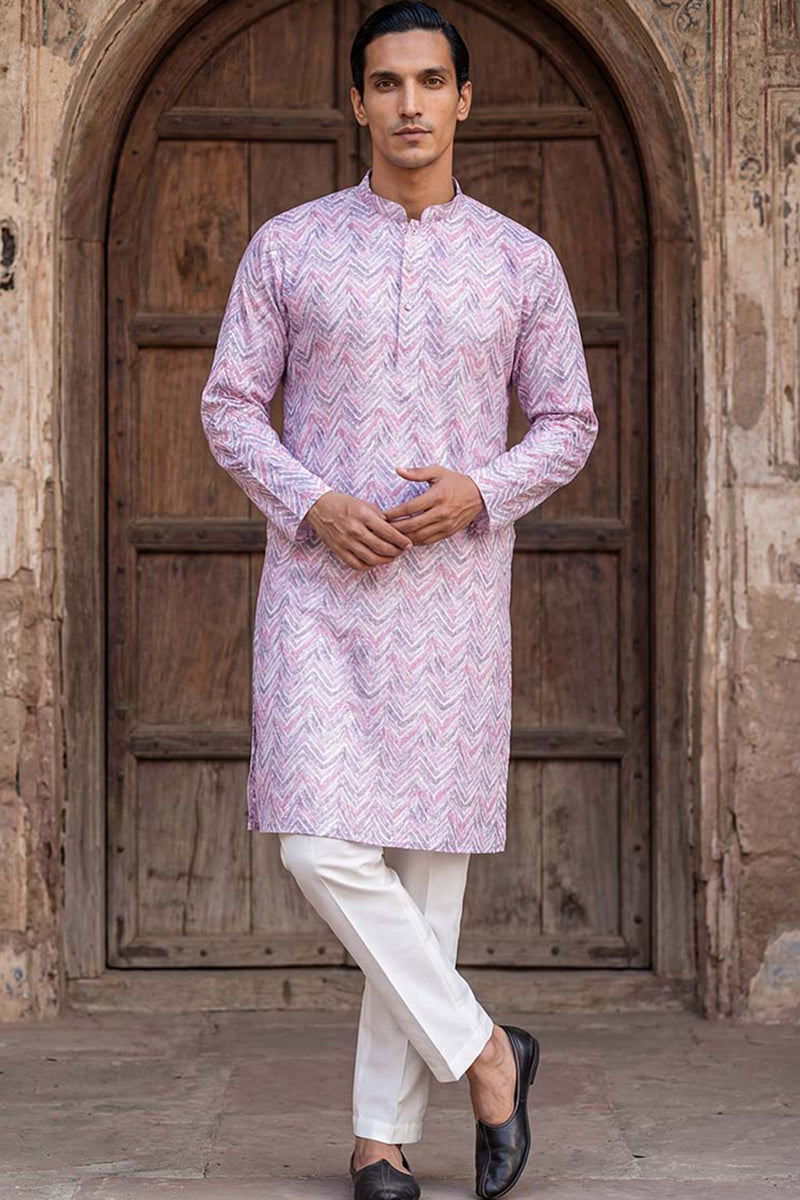 Lavender Cotton Blend Chevron Embroidered Kurta With Trouser MKSET1757