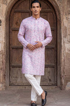 Lavender Cotton Blend Chevron Embroidered Kurta With Trouser MKSET1757