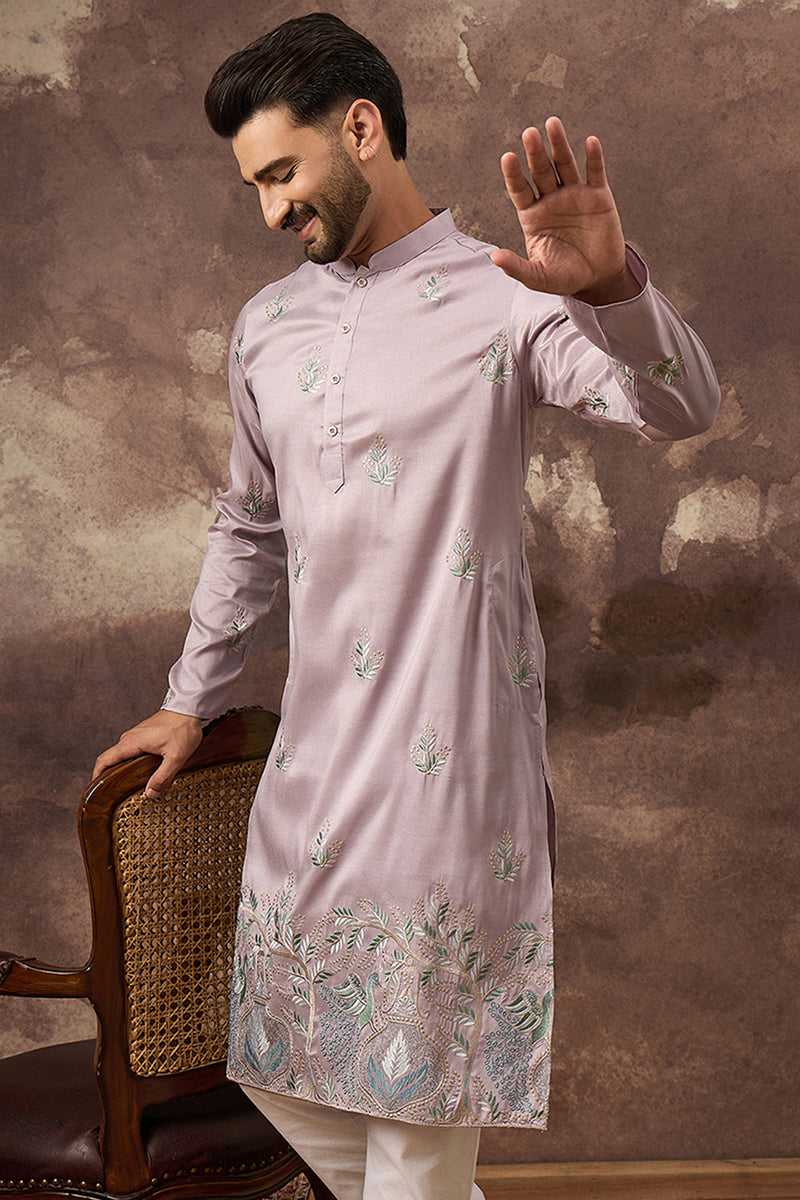 Lavender Silk Blend Embroidered Indian Wear for Men MKU1349 | DesiQlo