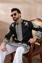 Black Silk Blend Embroidered Mandarin Collar Straight Kurta With Trouser MKSET2019