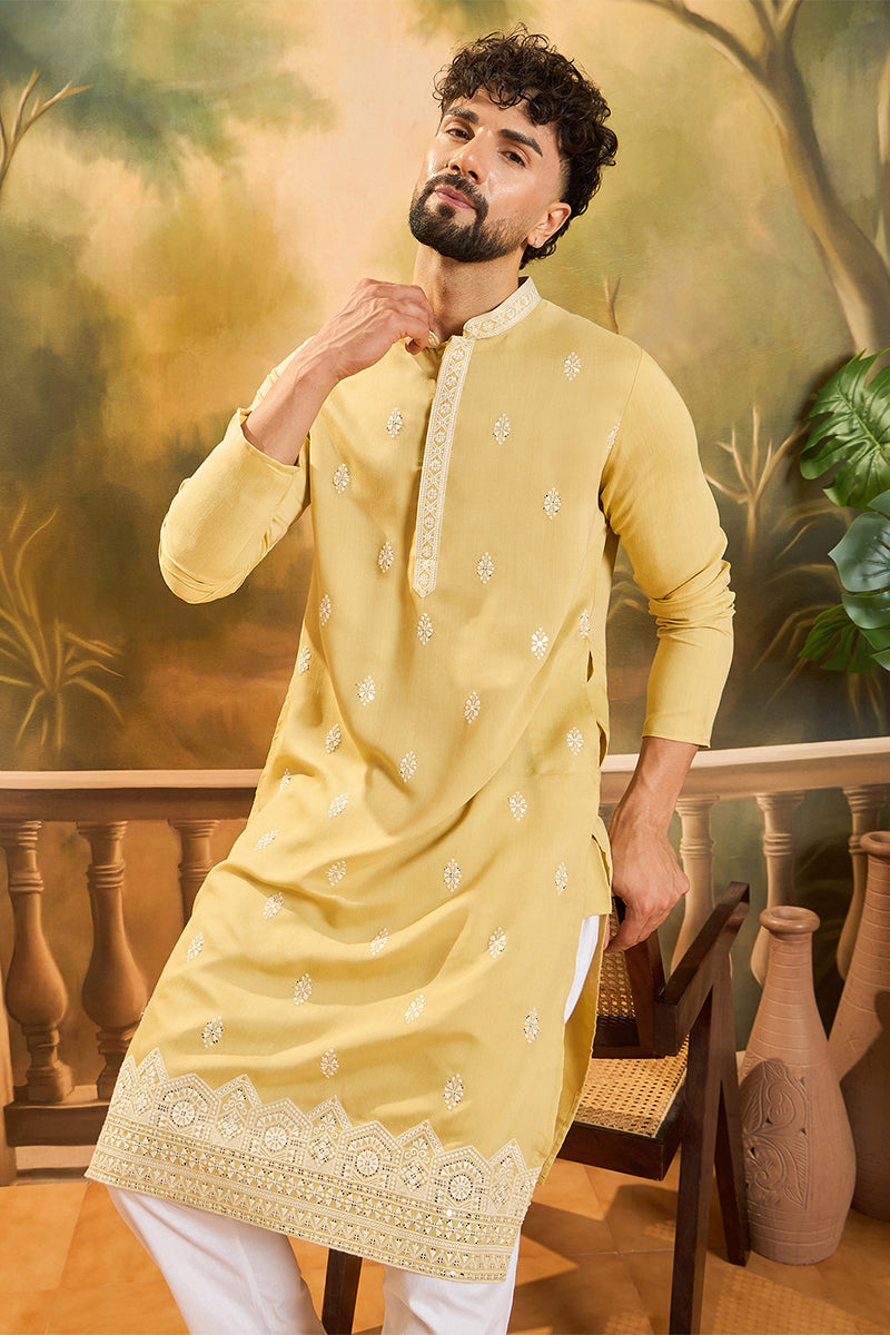 Yellow Silk Solid Embroidered Straight Kurta MKU1434