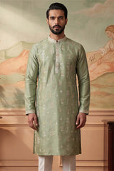 Green Silk Blend Solid Embroidered Kurta MKU2153
