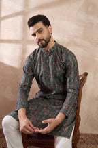 Green Silk Blend Printed Mandarin Collar Straight Kurta With Trouser MKSET2050