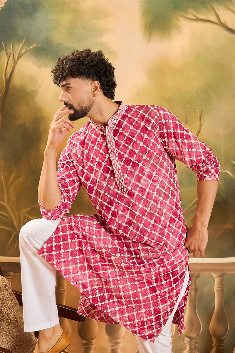 Red Viscose Rayon Shibori Embroidered Straight Kurta MKU1417
