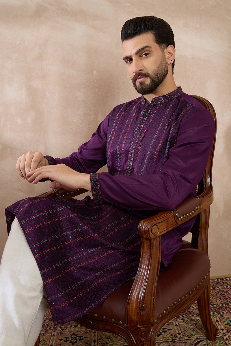 Purple Silk Blend Embroidered Mandarin Collar Straight Kurta MKU2038