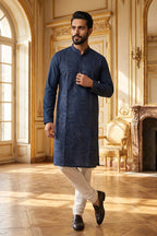 Blue Silk Blend Embroidered Straight Kurta With Trousers MKSET2124