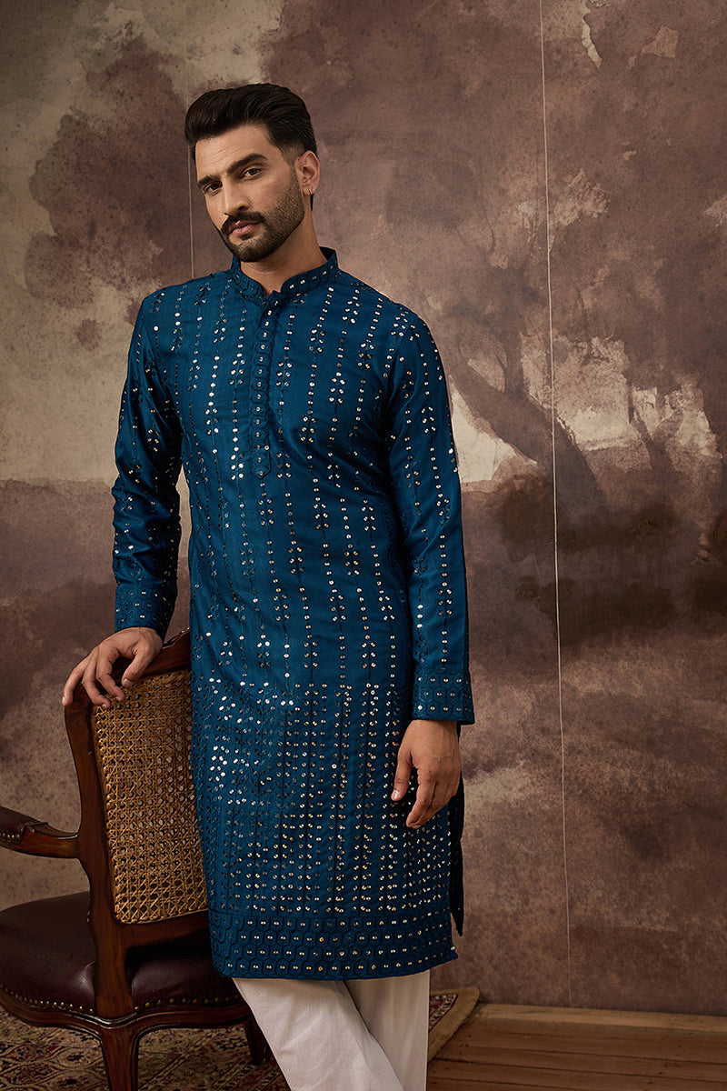 Blue Silk Blend Solid Embroidered Straight Kurta MKU1358