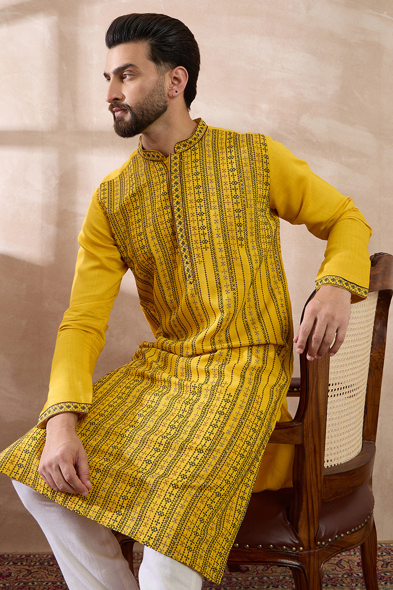 Yellow Silk Blend Embroidered Indian Wear for Men MKSET2039 | DesiQlo