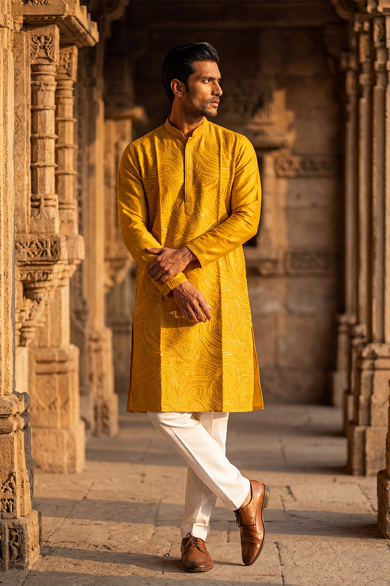 Yellow Silk Blend Embroidered Straight Kurta MKU2073