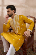 Yellow Silk Blend Embroidered Mandarin Collar Straight Kurta MKU1786