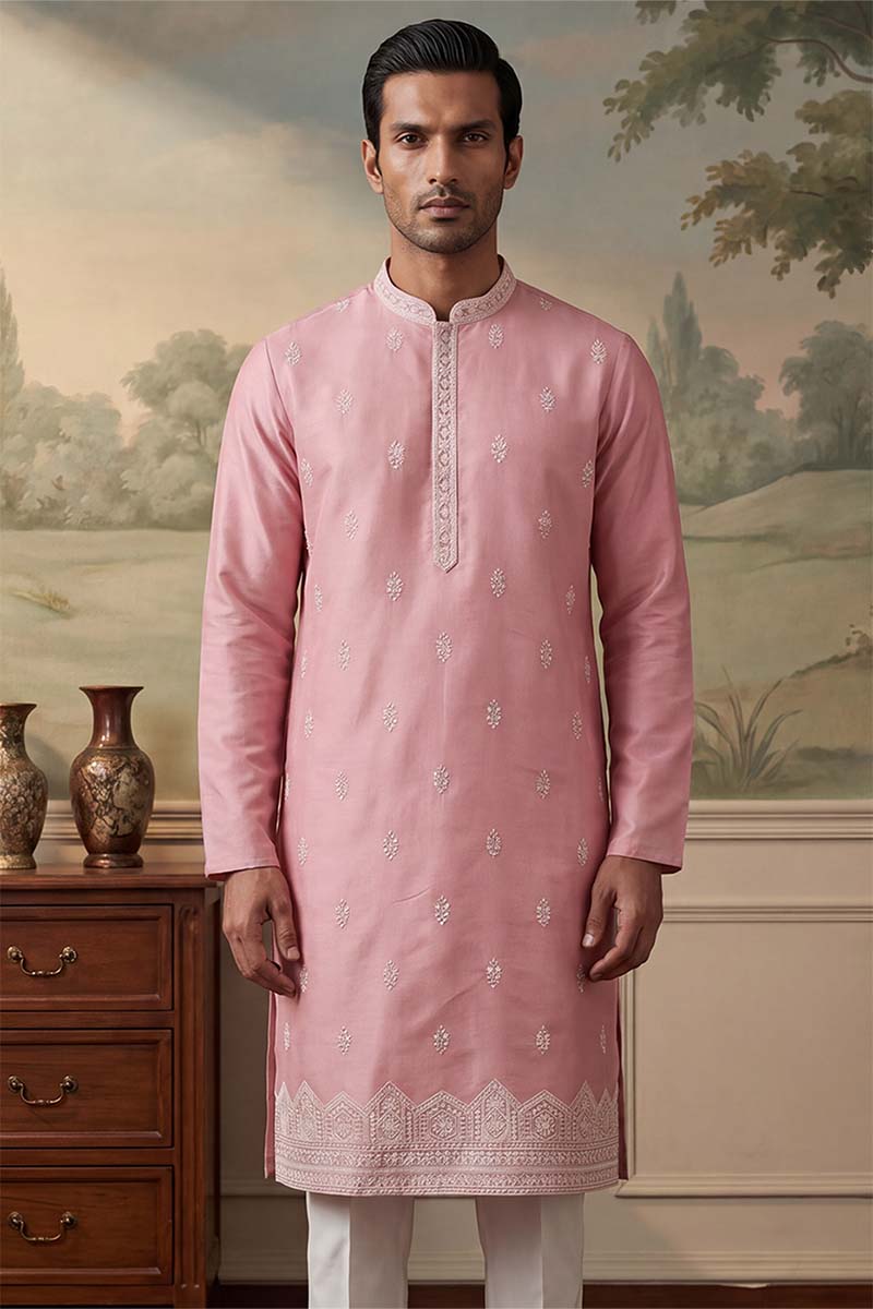 Silk Blend Pink Solid Embroidered Calf Length Straight Kurta With Trousers MKSET2271