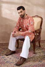 Peach Viscose Rayon Embroidered Mandarin Collar Straight Kurta With Trouser MKSET1989