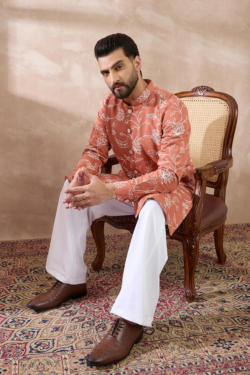 Peach Viscose Rayon Embroidered Mandarin Collar Straight Kurta With Trouser MKSET1989