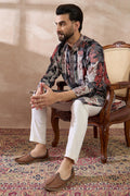 Black Silk Blend Printed Mandarin Collar Straight Kurta With Trouser MKSET1977