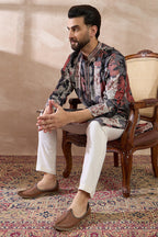 Black Silk Blend Printed Mandarin Collar Straight Kurta With Trouser MKSET1977