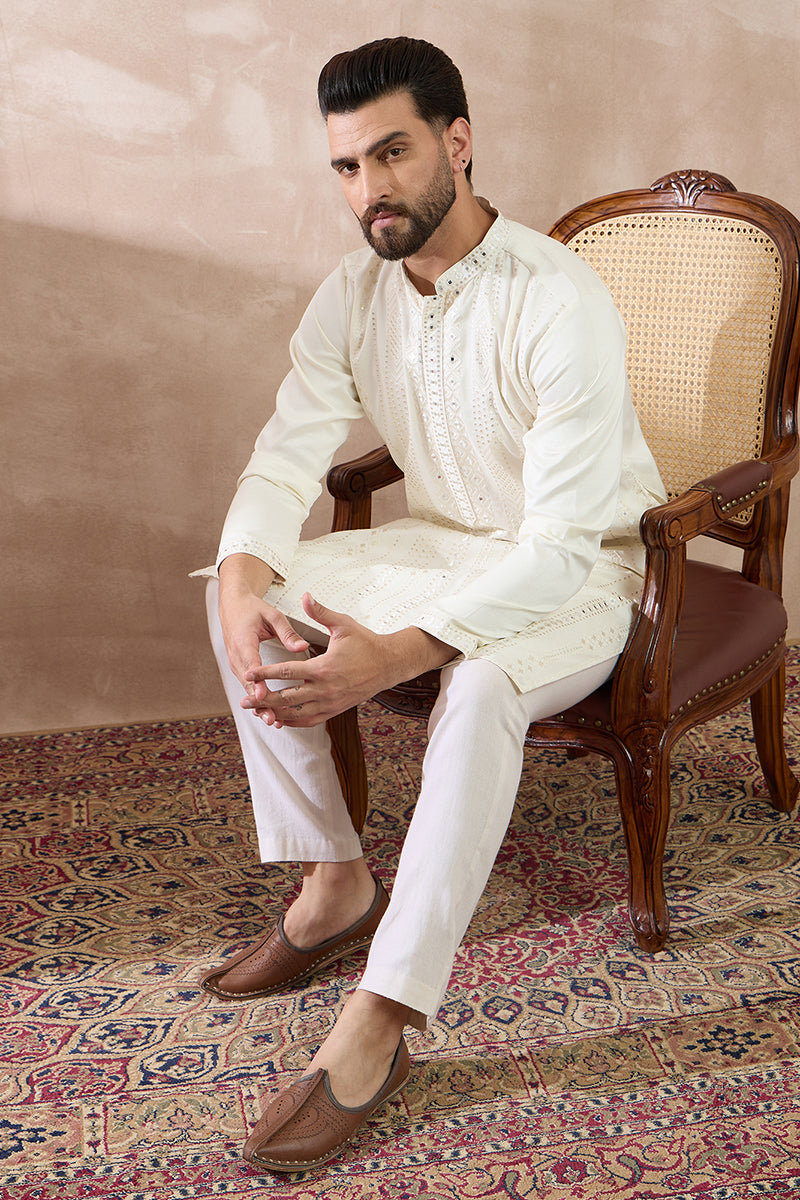 White Silk Blend Embroidered Indian Wear for Men MKSET1891 | DesiQlo