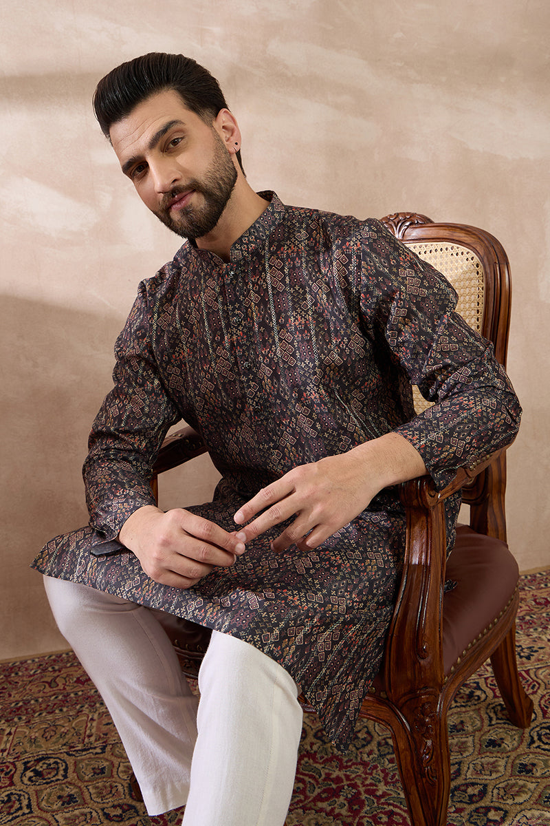 Black Silk Blend Printed Mandarin Collar Straight Kurta MKU2116