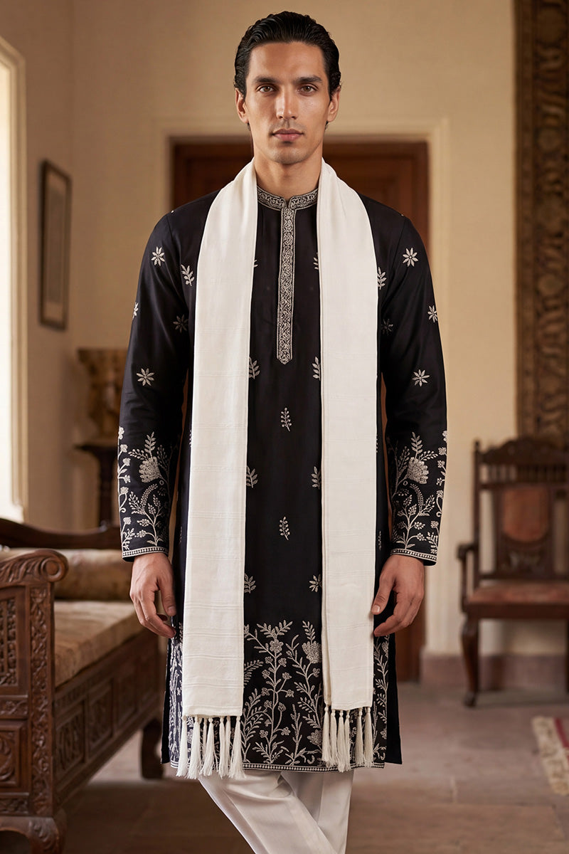 Black Silk Blend Solid Embroidered Straight Kurta Sets MKPD1782
