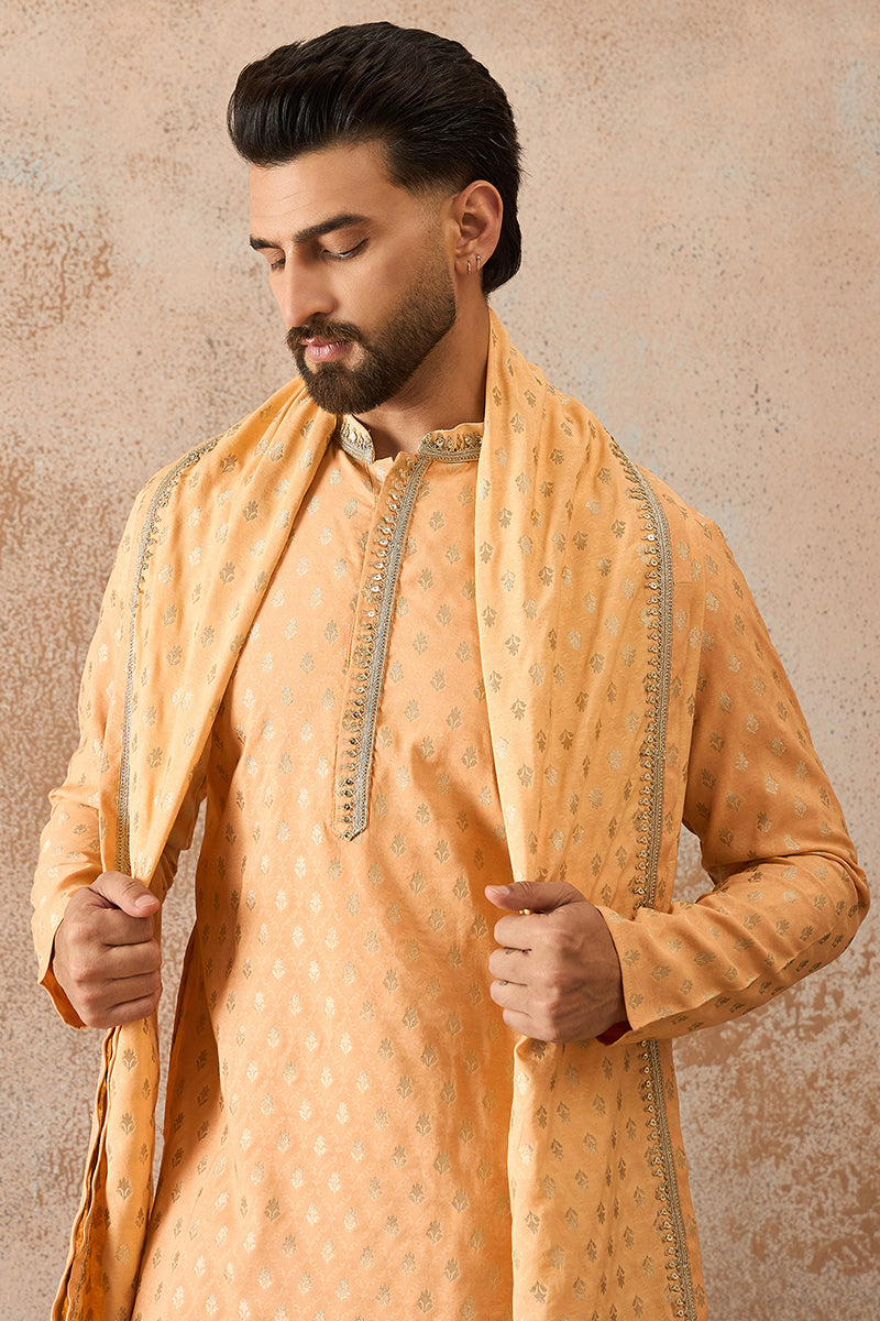 Peach Jacquard Woven Design Floral Straight Kurta Sets MKPD1017