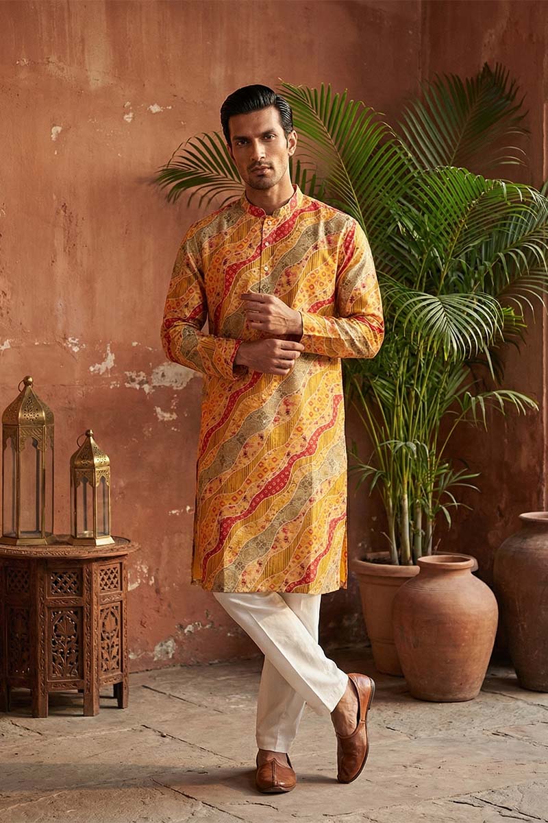 Yellow Silk Blend Printed Straight Kurta With Trousers MKSET2168