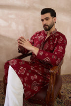 Red Silk Blend Printed Mandarin Collar Straight Kurta MKU1988