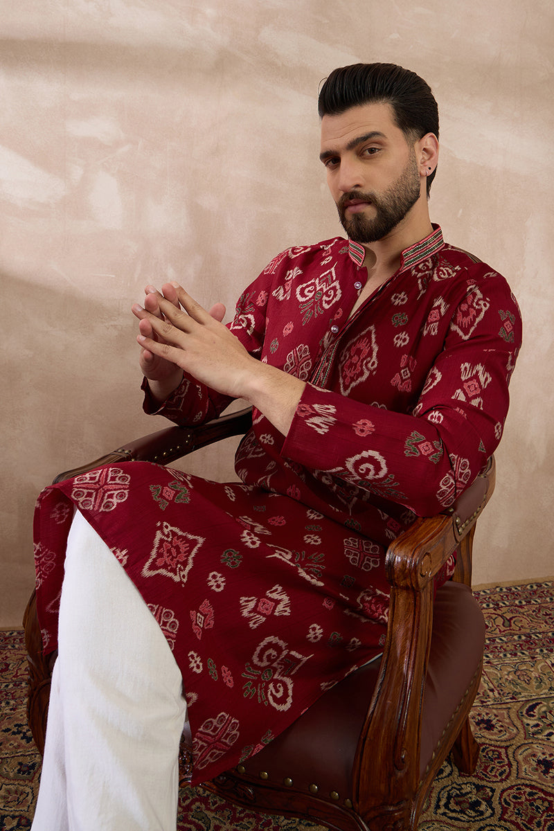Red Silk Blend Printed Mandarin Collar Straight Kurta MKU1988