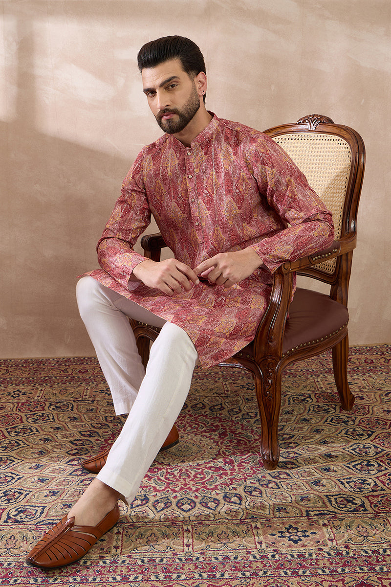 Pink Silk Blend Printed Mandarin Collar Straight Kurta With Trouser MKSET2054
