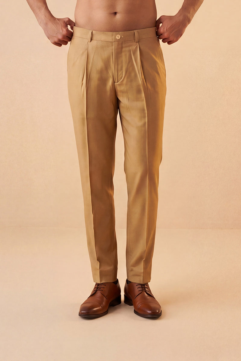 Tan Modal Relaxed Straight Fit Pleated Trousers MBOT1008