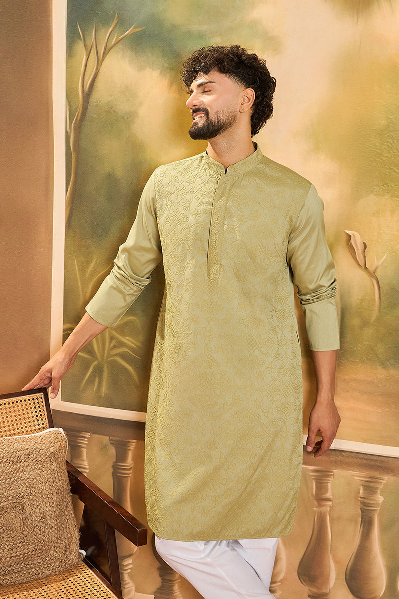Green Silk Blend Solid Embroidered Straight Kurta MKU1497