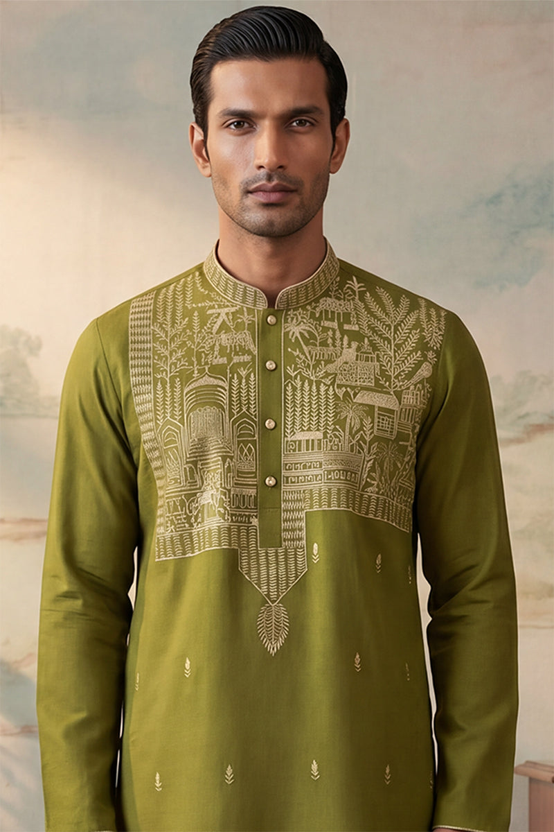 Green Silk Blend Solid Emboidered Straight Kurta With Trouser MKSET2373
