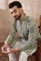 Green Silk Blend Printed Mandarin Collar Straight Kurta With Trouser MKSET1661