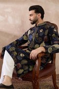 Navy Blue Silk Blend Printed Mandarin Collar Straight Kurta MKU1961
