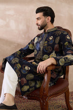 Navy Blue Silk Blend Printed Mandarin Collar Straight Kurta MKU1961