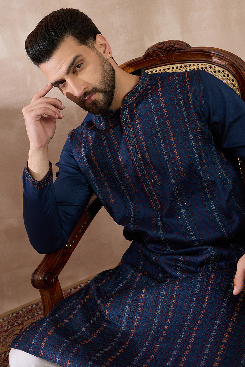 Navy Blue Silk Blend Embroidered Mandarin Collar Straight Kurta MKU2040