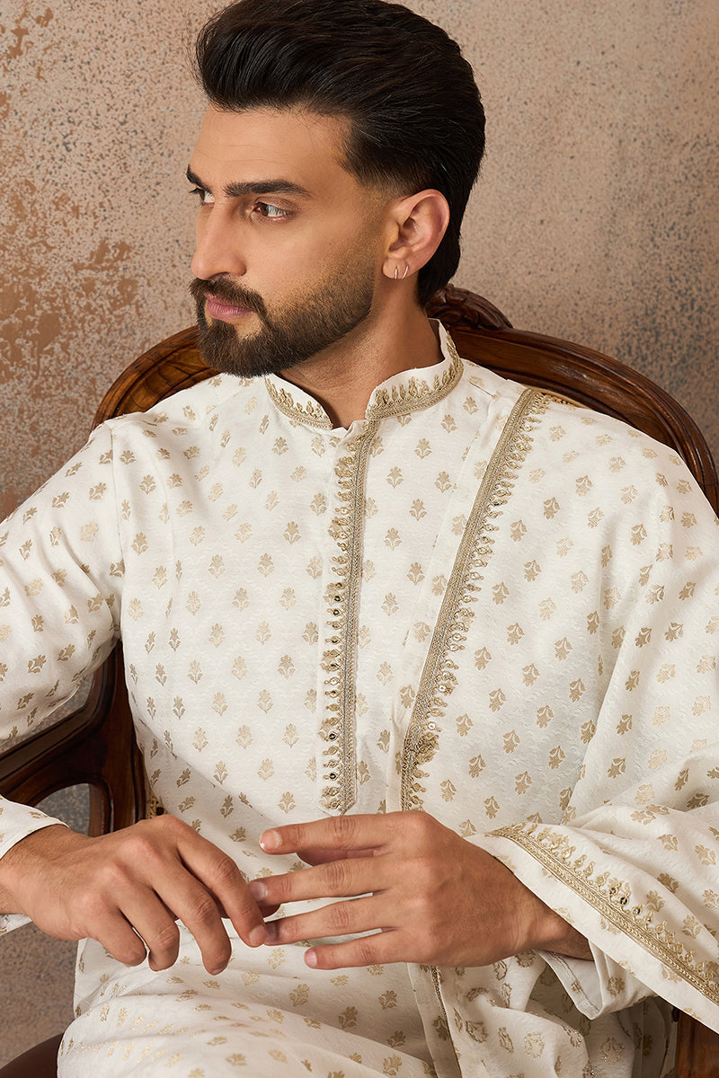 White Jacquard Woven Design Floral Straight Kurta Sets MKPD1049
