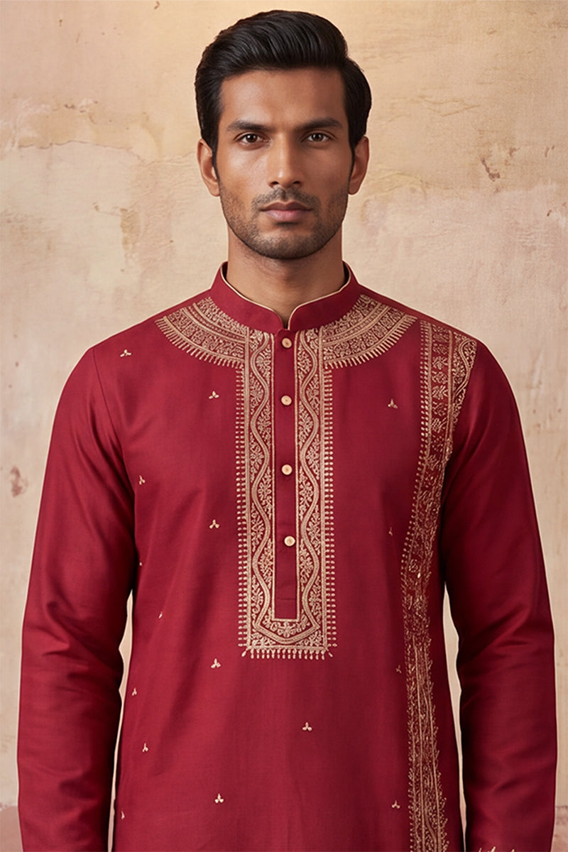 Red Silk Blend Solid Emboidered Straight Kurta MKU2314