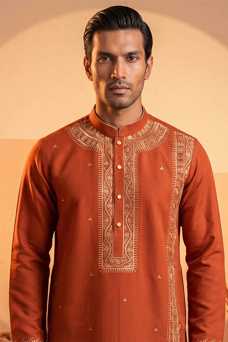 Orange Silk Blend Solid Emboidered Straight Kurta MKU2371