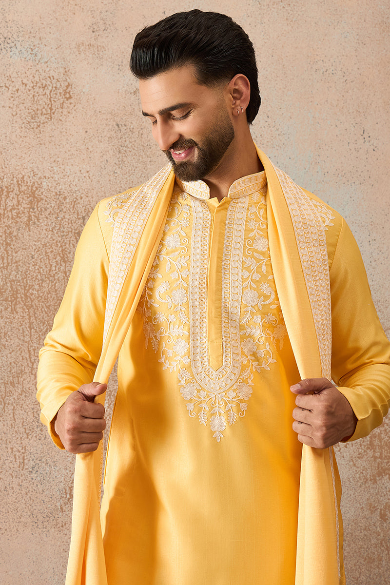 Yellow Silk Blend Floral Indian Wear for Men MKPD1037 | DesiQlo