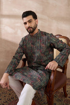 Black Silk Blend Printed Mandarin Collar Straight Kurta MKU2097