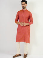 Men Orange Cotton Solid Woven Design Straight Kurta With Pant Set-MKSET1094