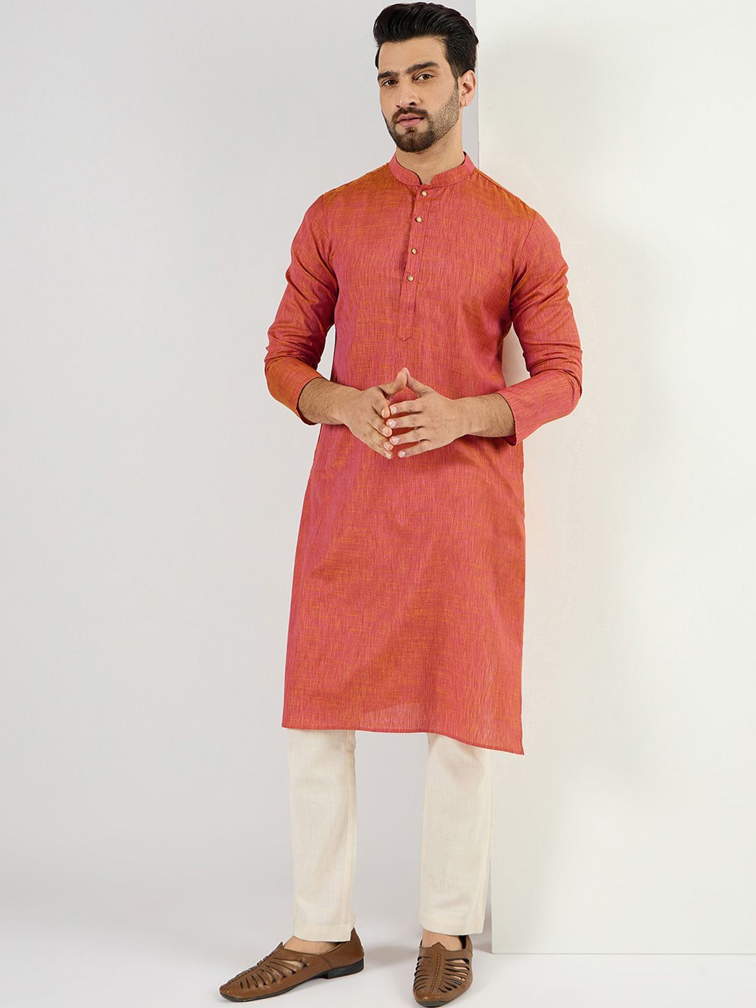 Men Orange Cotton Solid Woven Design Straight Kurta With Pant Set-MKSET1094
