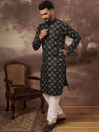 Men Black Silk Blend Solid Embroidered Straight Kurta With Pant Set-MKSET1384