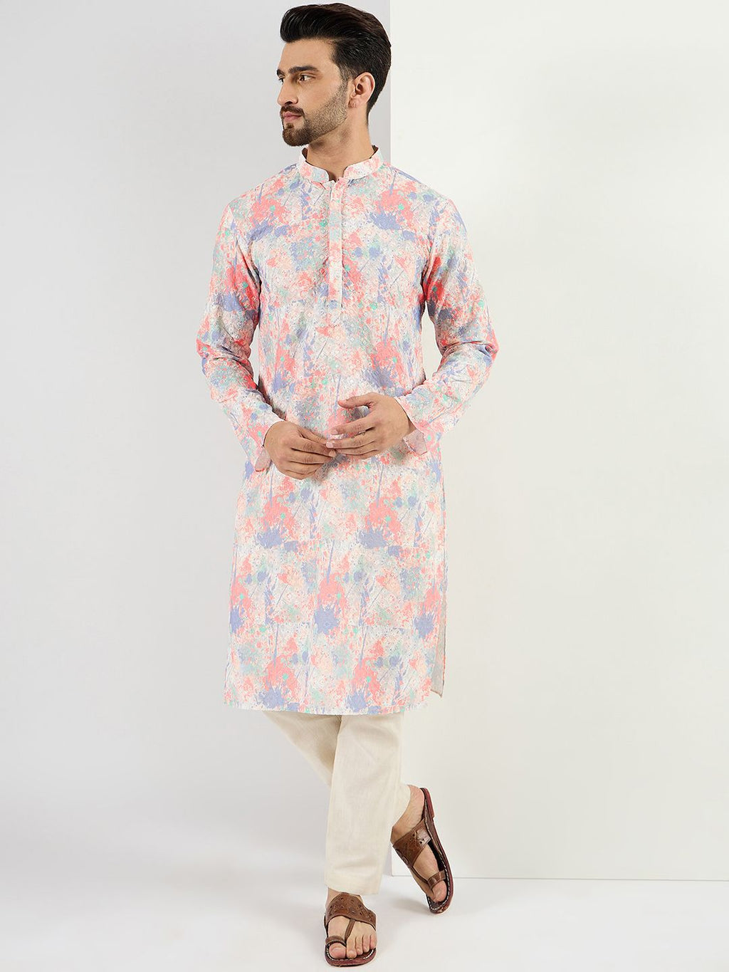 Men Off White Viscose Rayon Abstract Embroidered Straight Kurta With Pant Set-MKSET1082