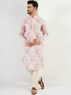 Men Off White Viscose Rayon Abstract Embroidered Straight Kurta With Pant Set-MKSET1082