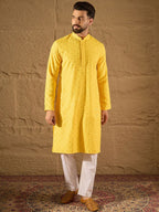 Men Yellow Viscose Rayon Solid Embroidered Straight Kurta With Pant Set-MKSET1222